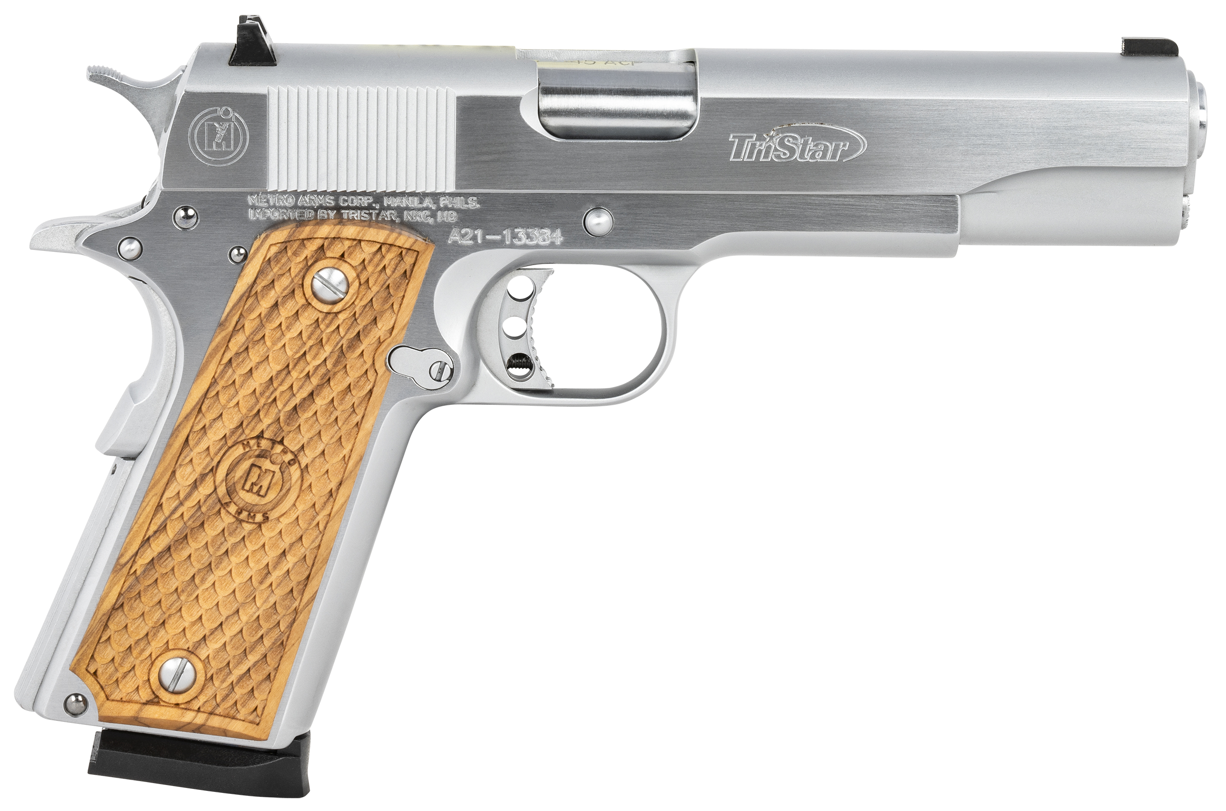 TriStar American Classic Government 1911 45 ACP 5" Barrel 8 Rounds Chrome Steel Frame/Slide