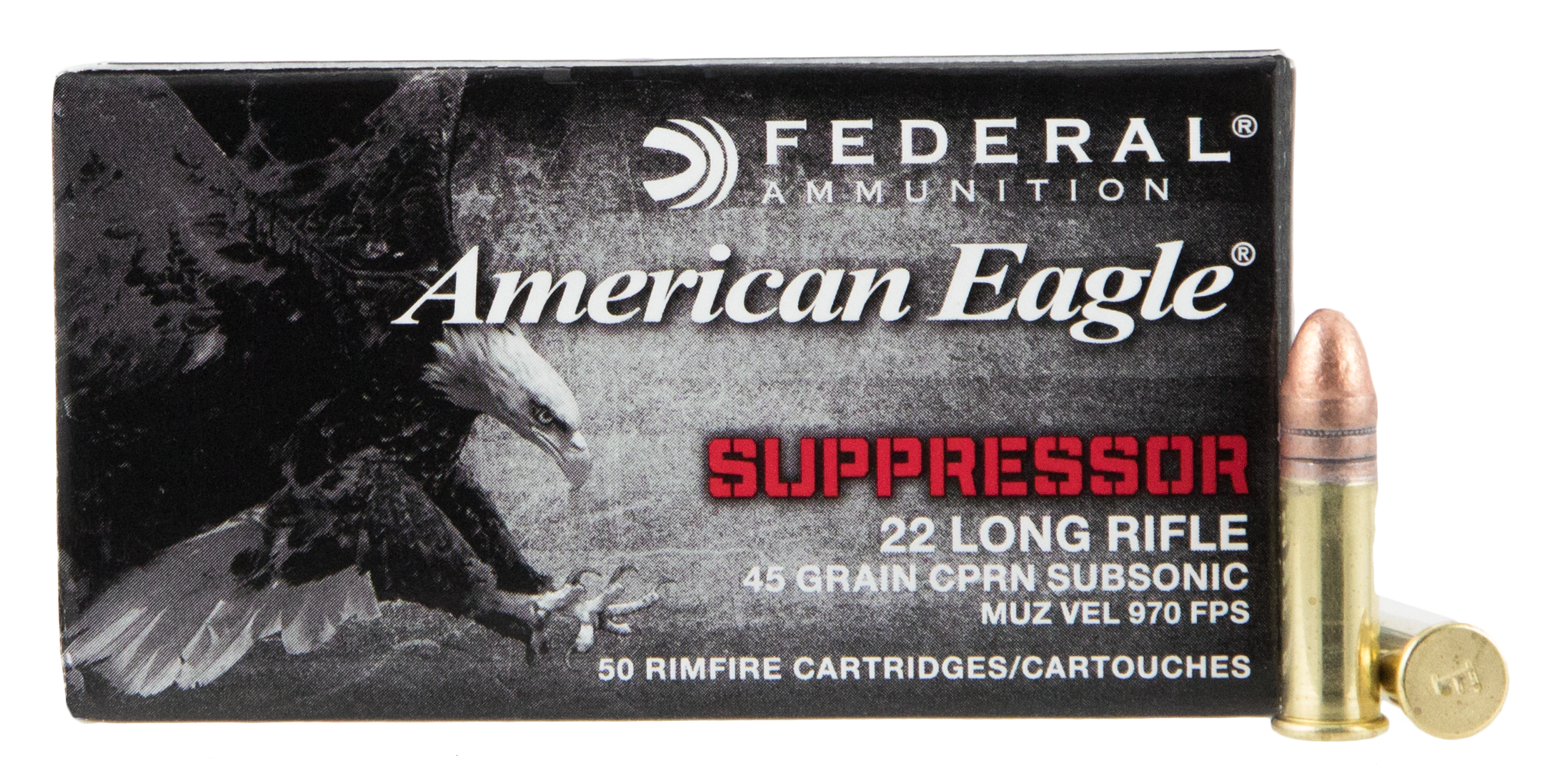 Federal American Eagle Suppressor Ammo Brass .22 LR 50-Rounds 45 Grain Copper-Plated Solid Point