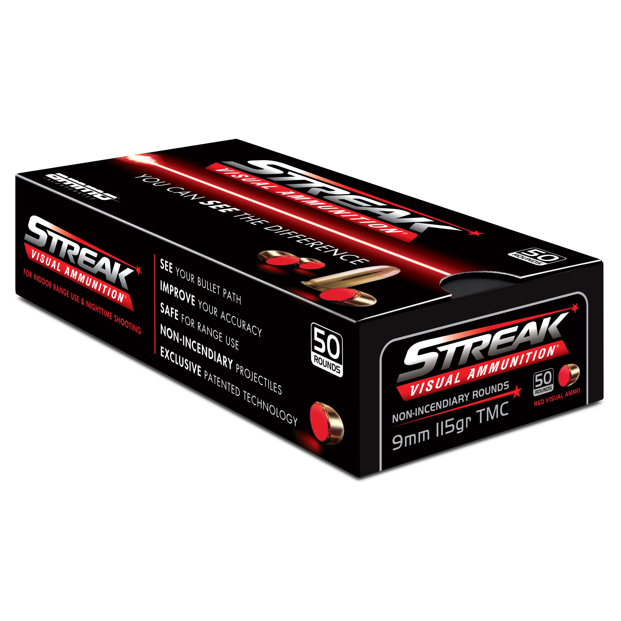 Ammo Inc. Streak Visual (RED) Brass 9mm 115 Grain 50-Rounds TMC