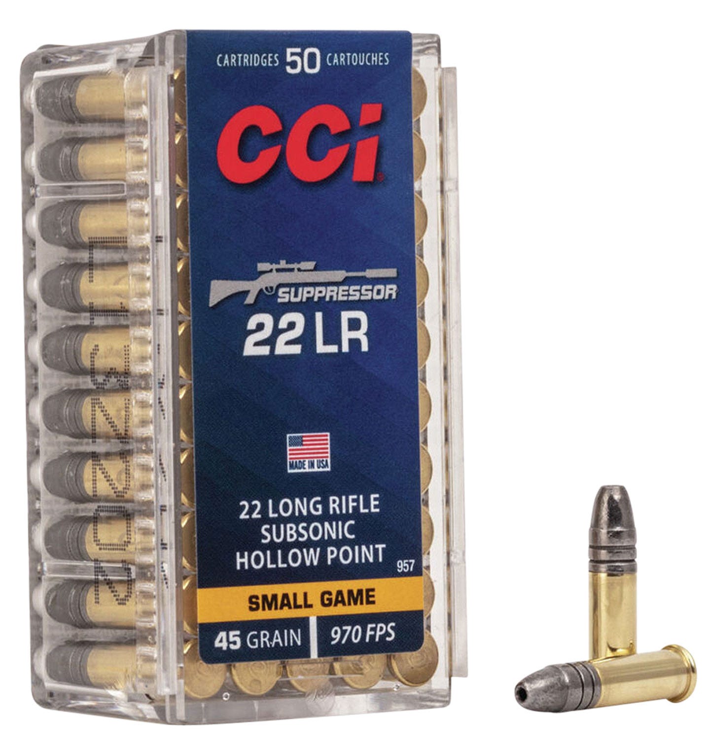 CCI Ammunition Suppressor Small Game Brass .22 LR 45 Grain 50-Rounds LHP