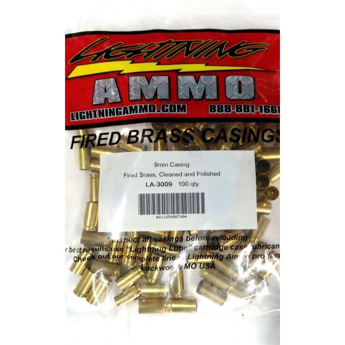 Lightning Ammo Fired Casings Brass 9mm Luger 100-Rounds Cleaned & Polished