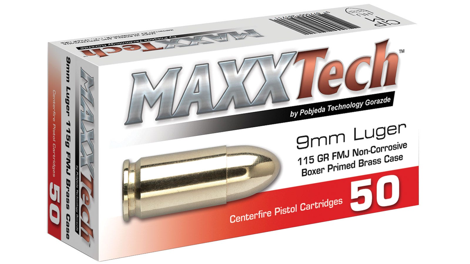 MaxxTech Brass 9mm 115-Grain 50-Rounds FMJ