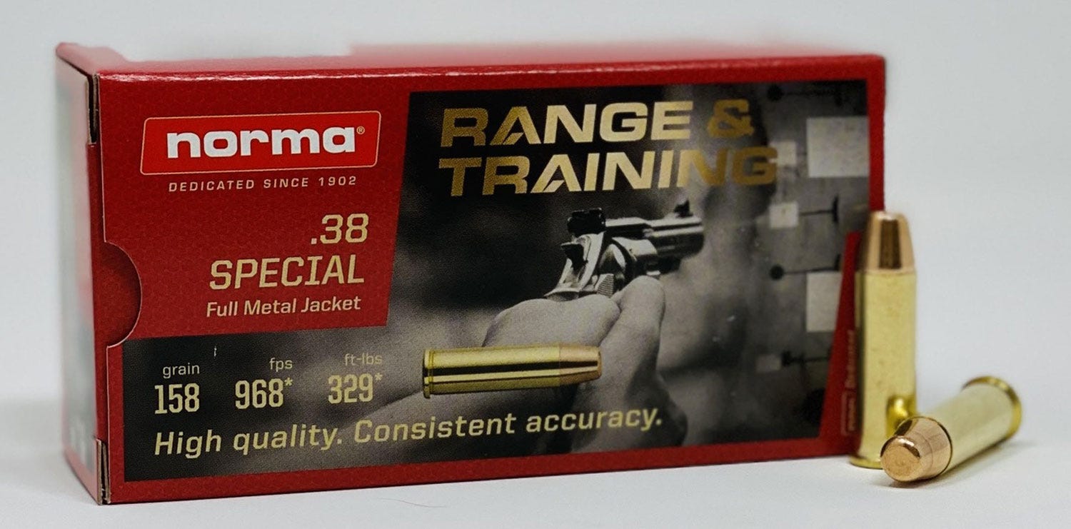 NORMA AMMUNITION RANGE AND TRAINING 38 SPECIAL 158GR FULL METAL JACKET 50 ROUNDS PER BOX