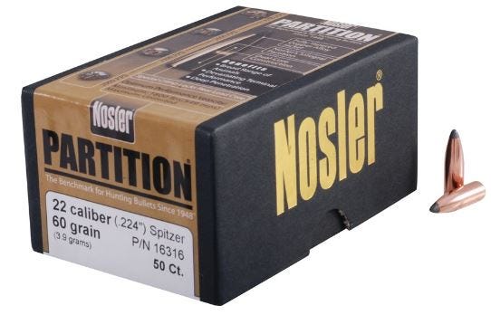 Nosler Partition Spitzer Bullets 22 Caliber (224 Diameter) 60 Grain Box of 50