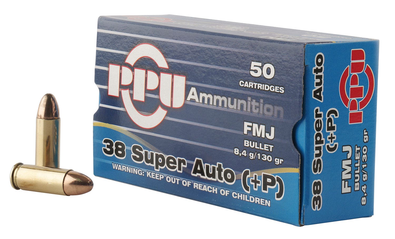 PPU Centerfire Handgun Brass .38 Super+P 130-Grain 50-Rounds FMJ