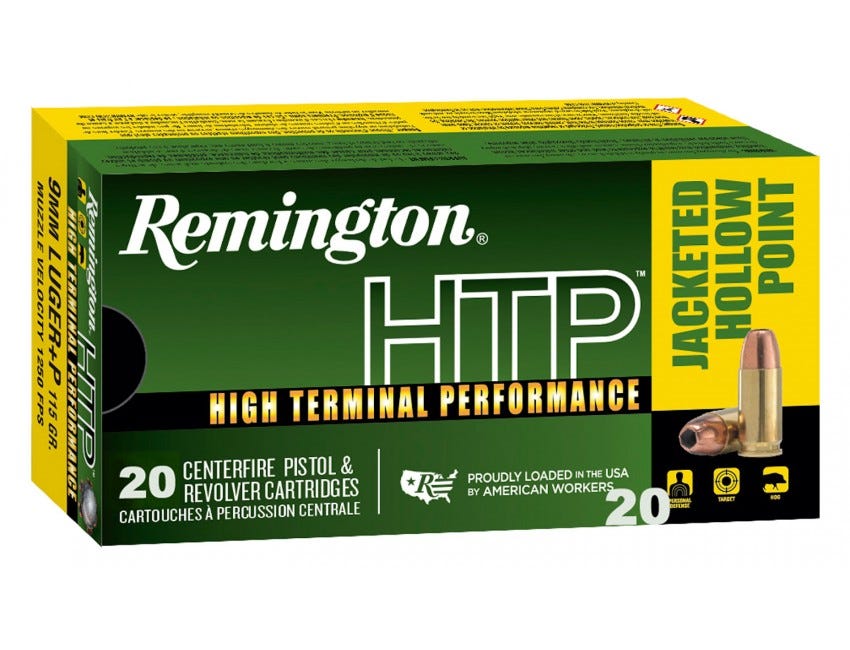 Remington HTP Pistol Ammo 9MM plus-P 115 JHP 20Rds