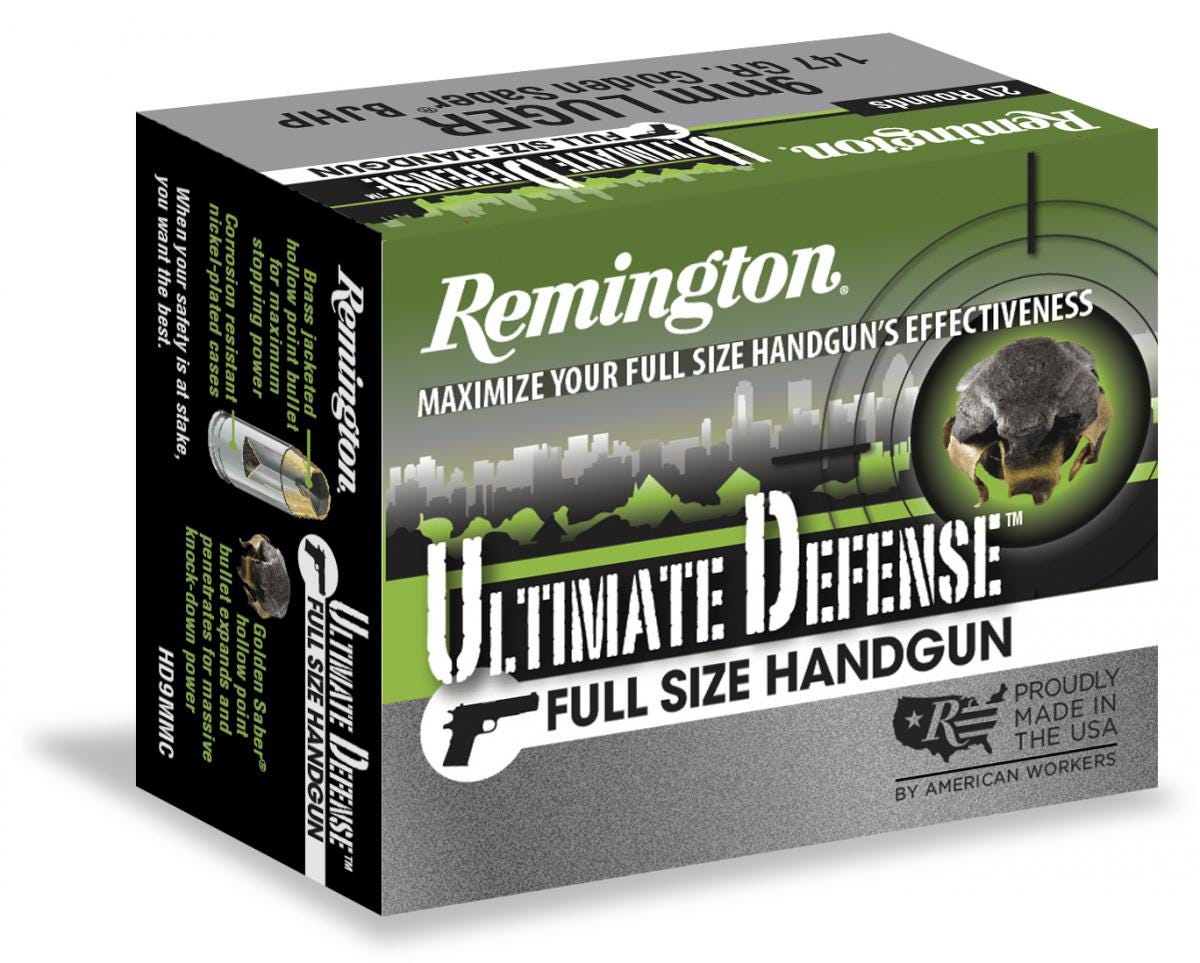Remington Ultimate Defense Center Fire Full Size Handgun Ammo Brass 40 S&W 180 grain Brass Jacket Hollow Point 20 Rounds Per Box