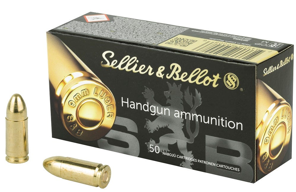 Sellier and Bellot Pistol Ammo Brass 9mm 115-Grain 50-Rounds FMJ