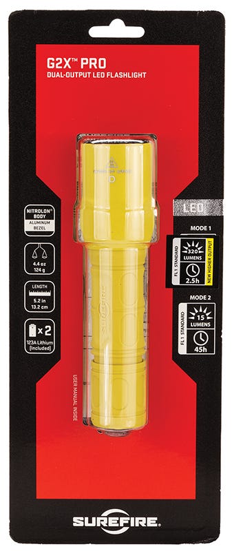 Surefire G2X Pro Flashlight 15/320 Lumens, Yellow, Click Switch