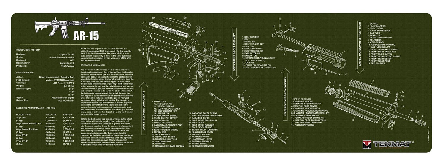 TekMat Original Cleaning Mat AR-15 Diagram 12" x 36" OD Green