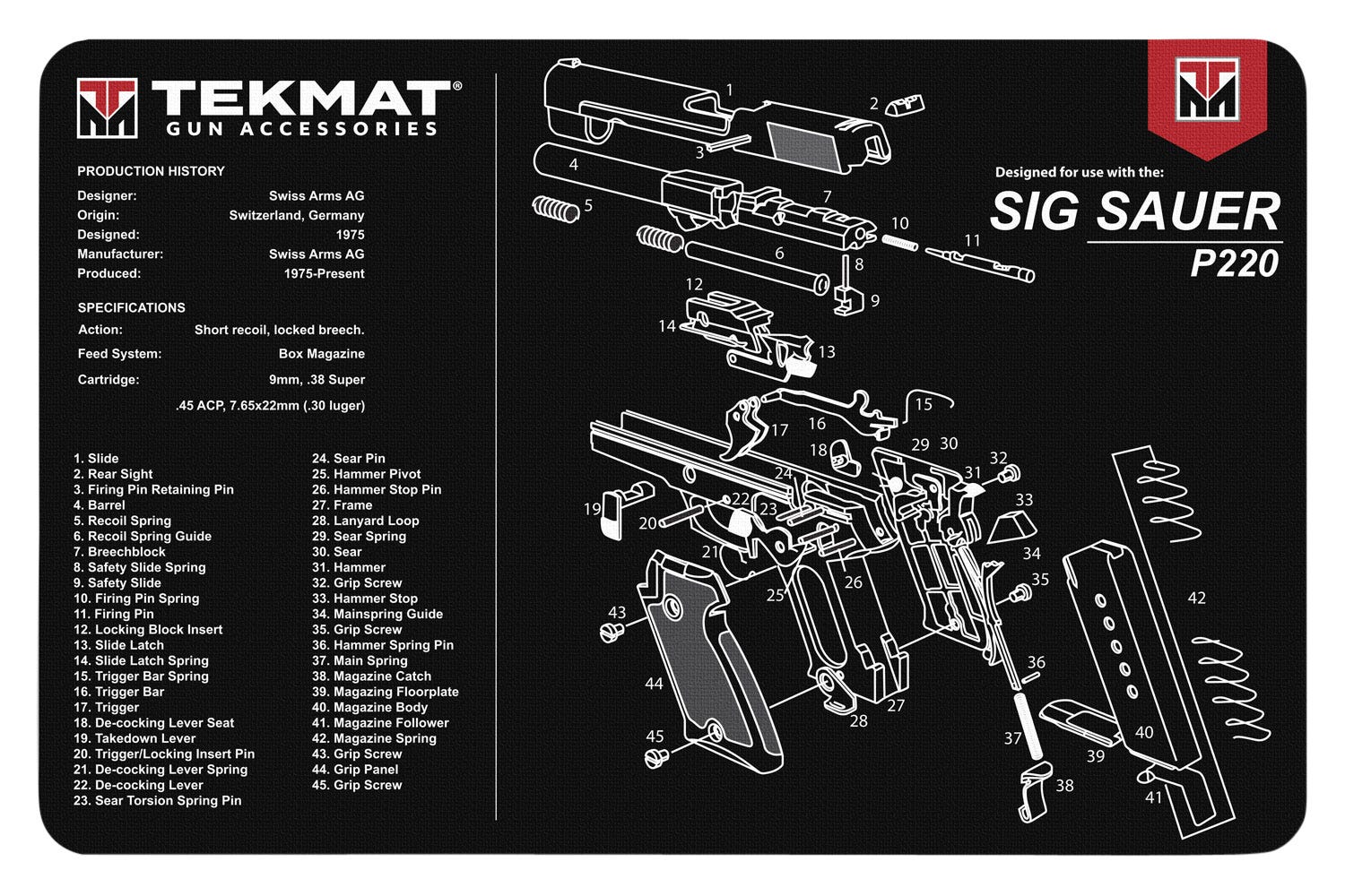 TekMat Original Cleaning Mat 11x17" with Sig P220 Diagram