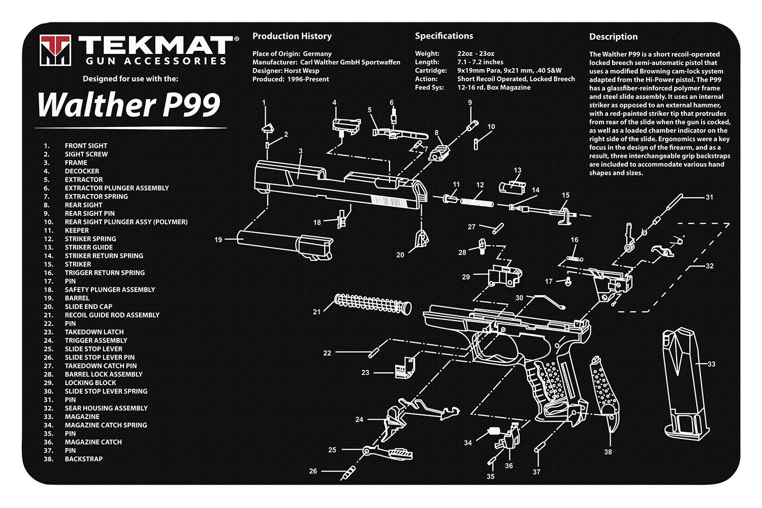 TekMat Original Cleaning Mat 11x17" with Walther P99 Diagram
