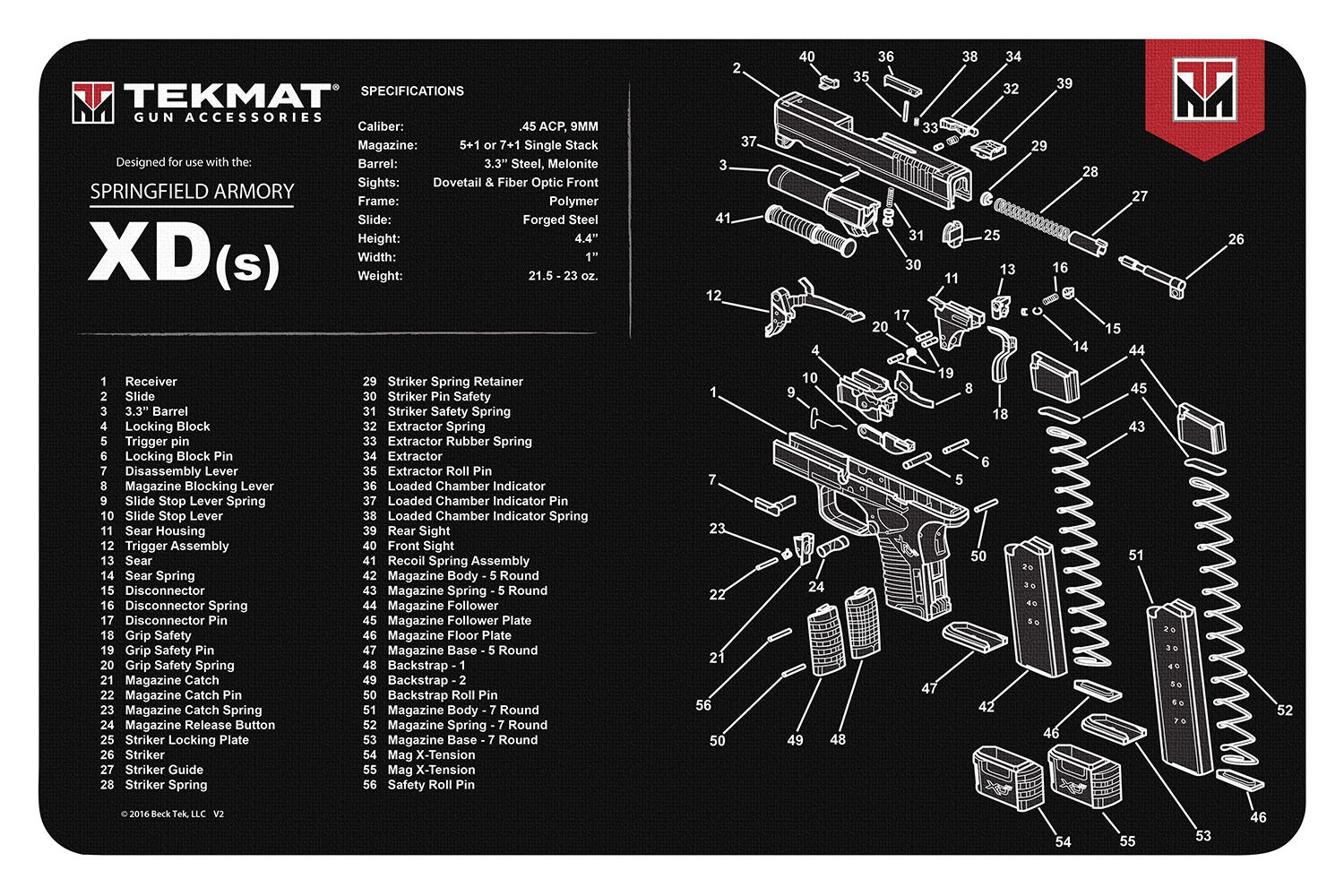 TekMat Original Cleaning Mat 11x17" with Springfield XD-S Diagram