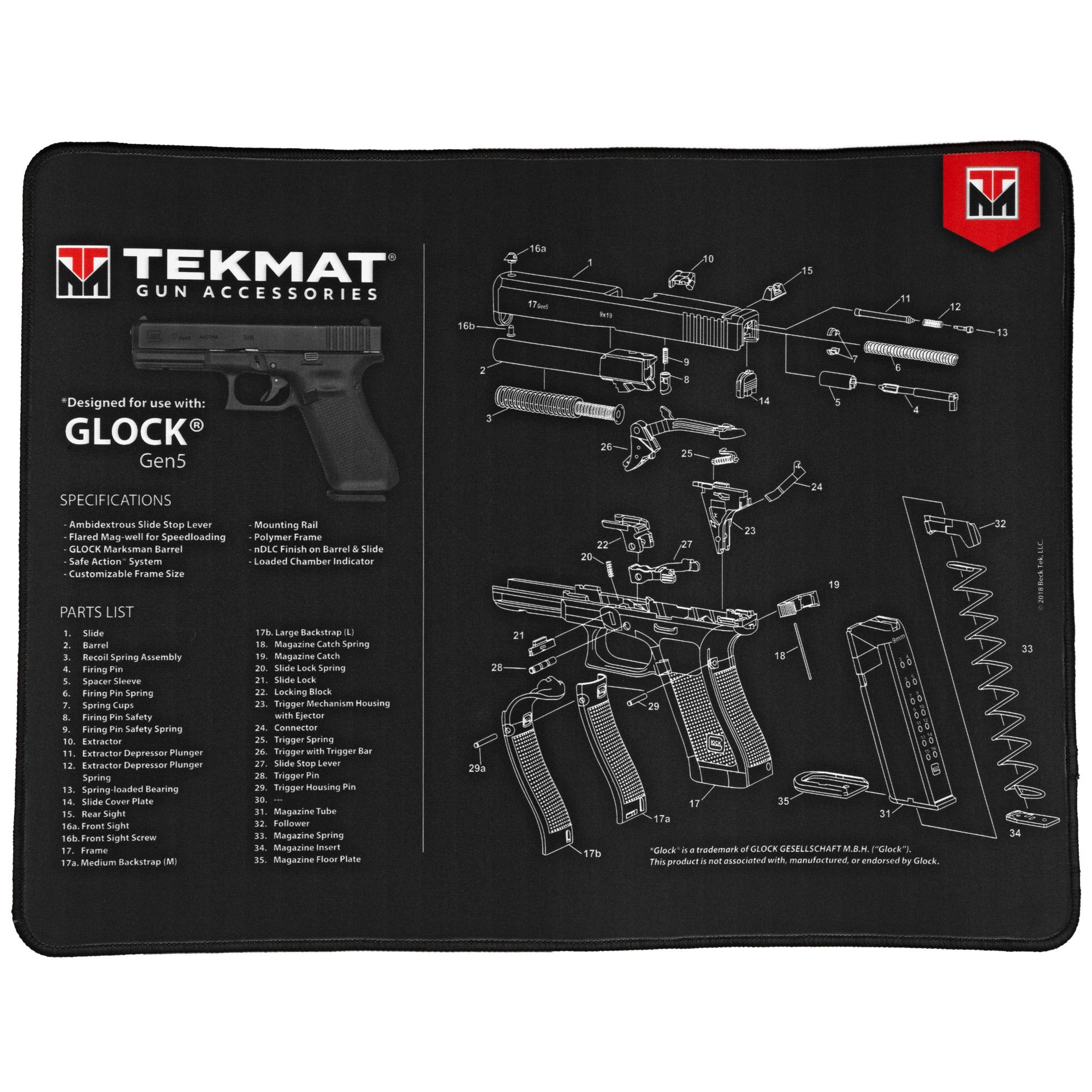 TekMat Ultra Cleaning Mat 15x20" with Glock Gen5 Diagram