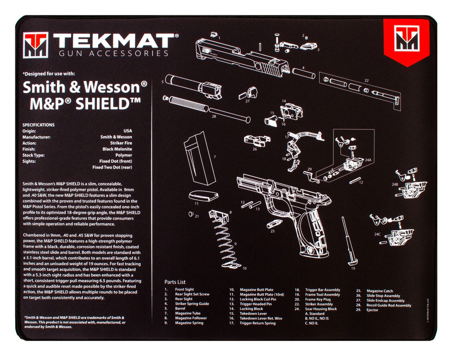 TekMat Ultra Premium Cleaning Mat 15x20" with S&W M&P Shield Diagram