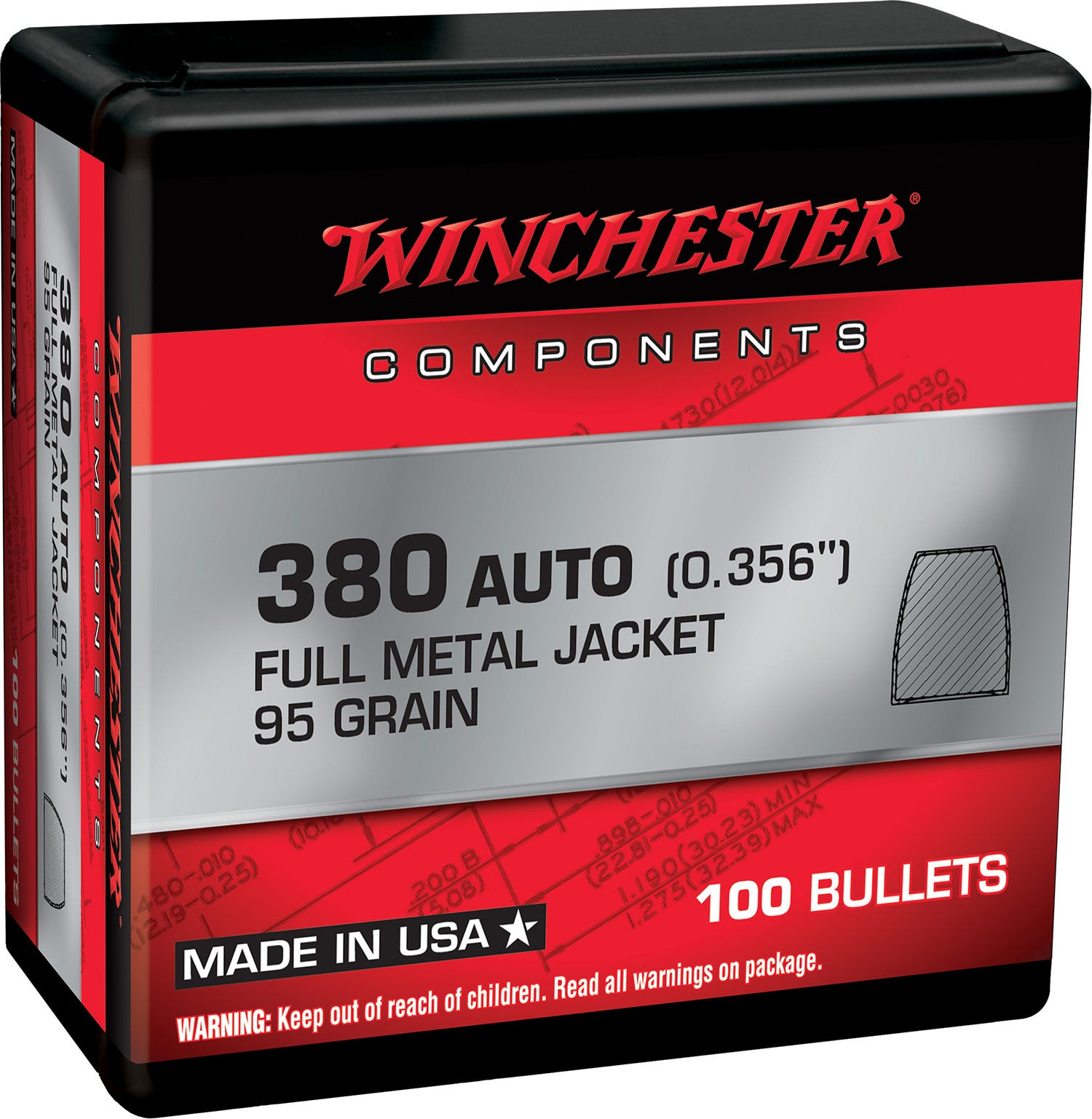 Winchester Centerfire Handgun Reloading Bullets .355 95-Grain 100-Count FMJ