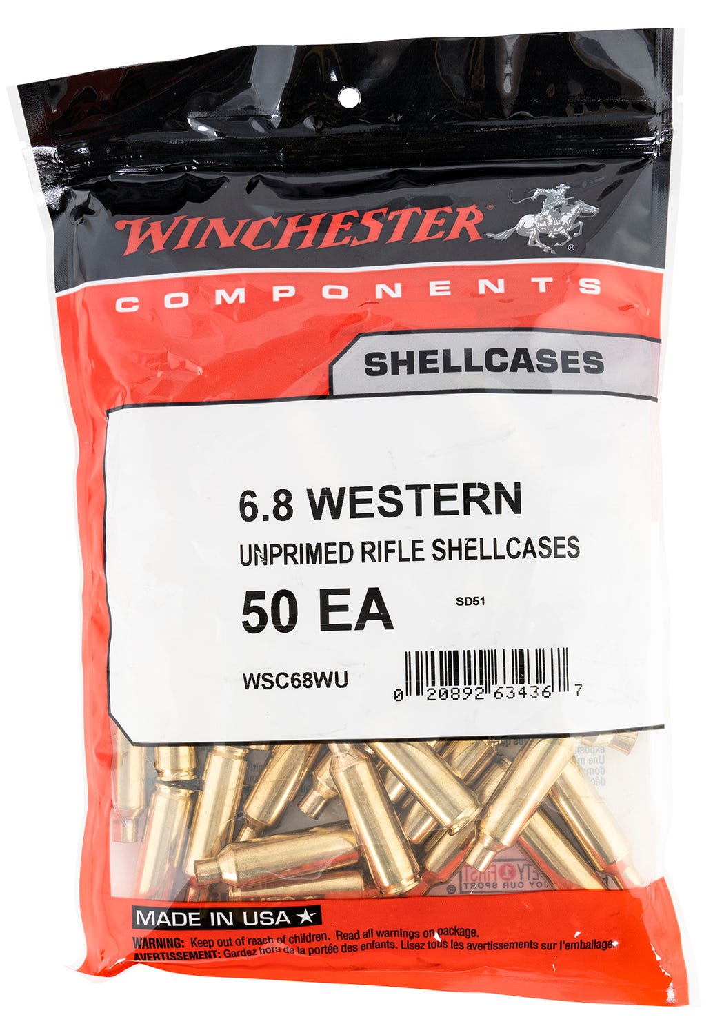 Winchester Shellcases Brass 6.8 Western 50-Count Unprimed