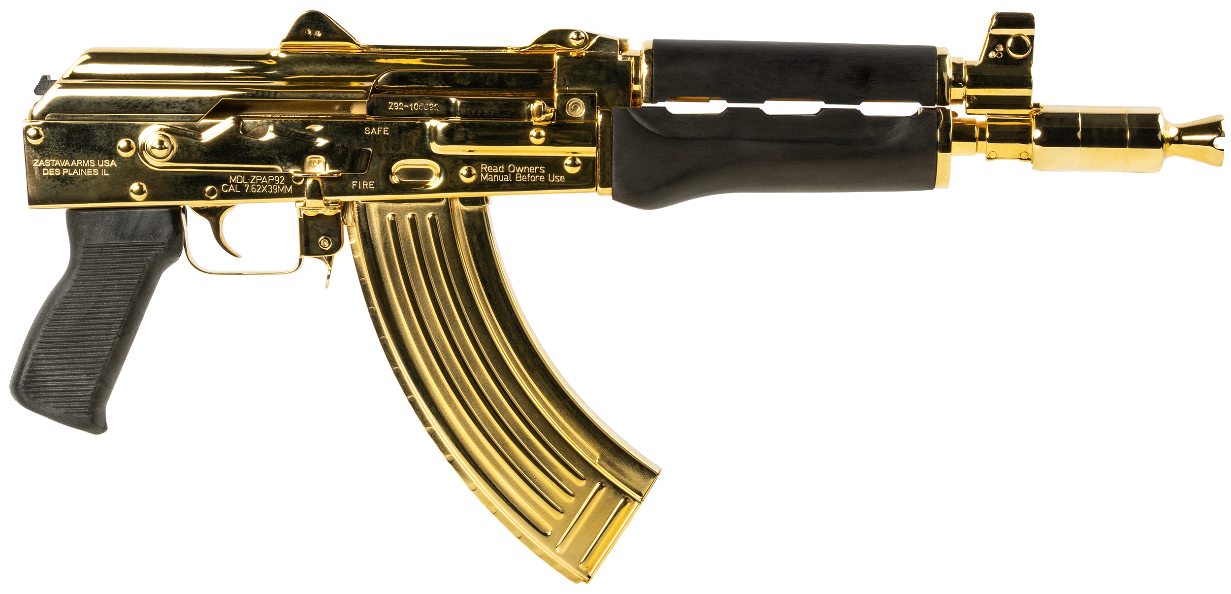 Zastava USA ZPAP92 AK Pistol 24k Gold 7.62 X 39 10" Barrel 30-Rounds