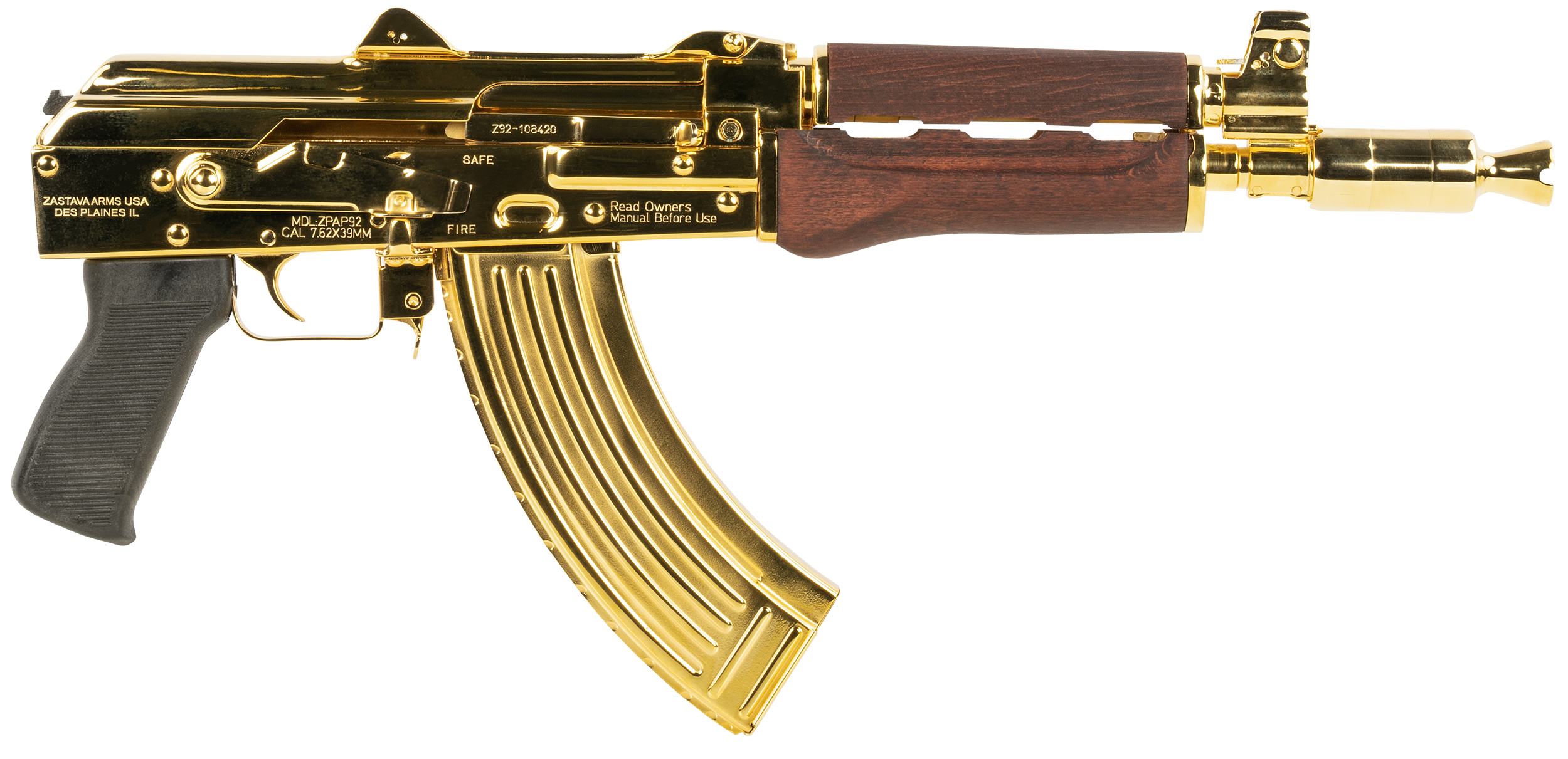 Zastava USA ZPAP92 AK Pistol Gold 7.62 X 39 10" Barrel 30-Rounds Serbian Red Wood