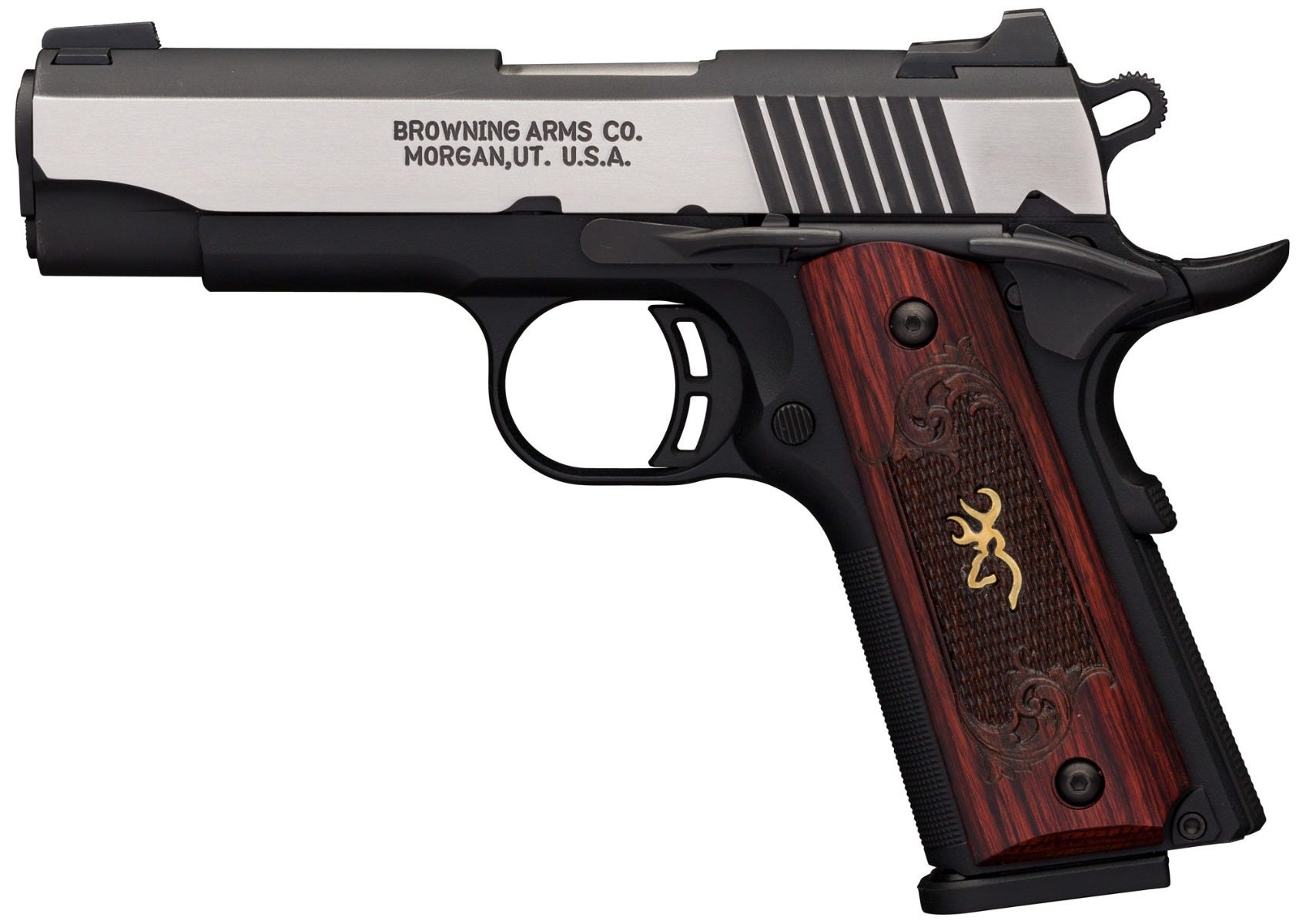 Browning 1911-380 Black Label Medallion Pro Compact Stainless .380 ACP 3.63" Barrel 8-Rounds Rosewood Grips - Image 2