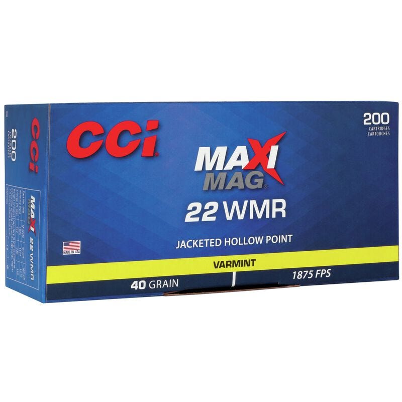 CCI Ammunition Maxi-Mag Brass .22 WMR 40-Grain 200-Rounds Brass Casings JHP Projectiles