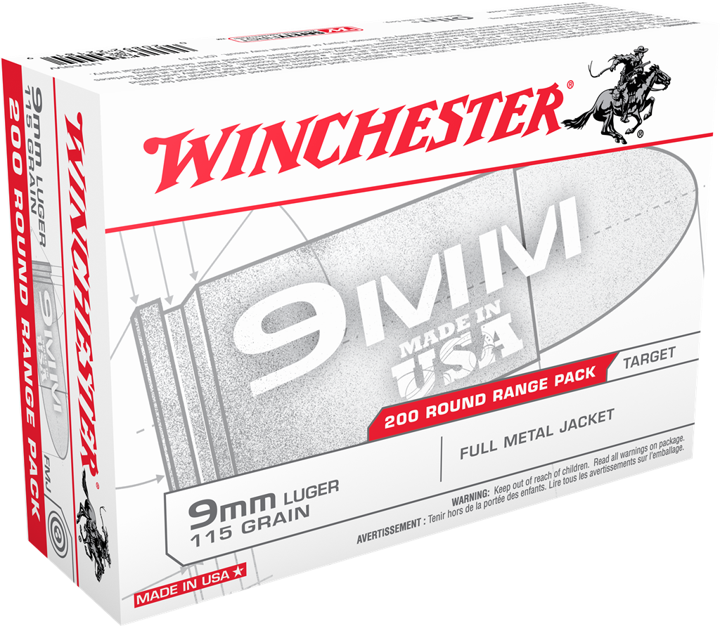 Winchester USA White Box Brass 9mm 115-Grain 200-Rounds Brass Casings FMJ Projectiles